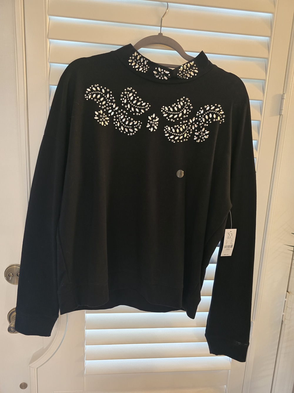 New York & Company Black Turtleneck Sweater with Crystal Embellishments
